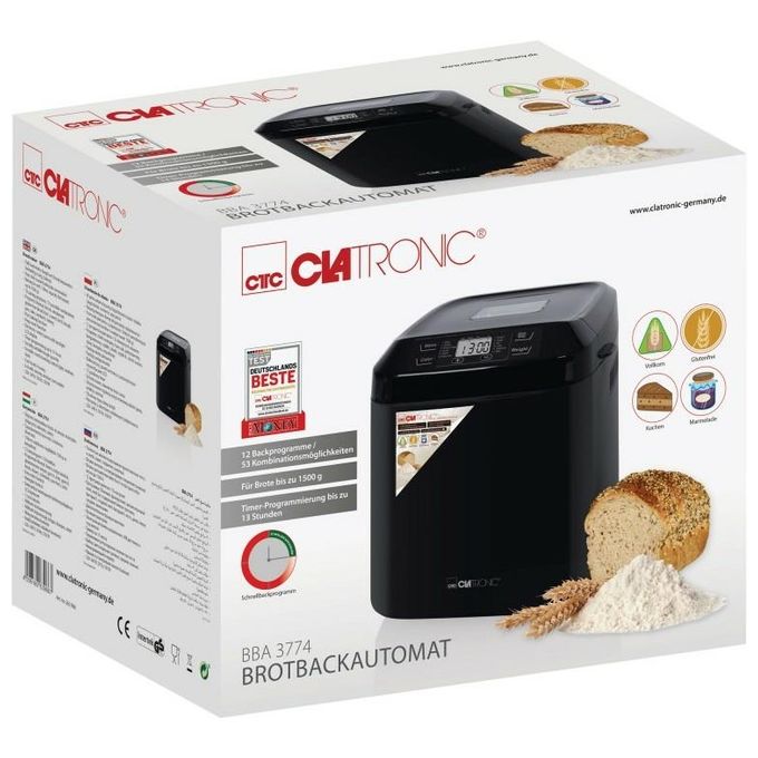 Clatronic BBA 3774 Macchina per il Pane 12 programmi 1500 g 3 L timer 13h 550 W colore Nero