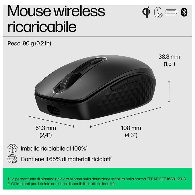 HP 8F1Y4AA 695 Mouse Wireless Ricaricabile Bluetooth 4000 DPI 7 Tasti Ambidestro colore Nero