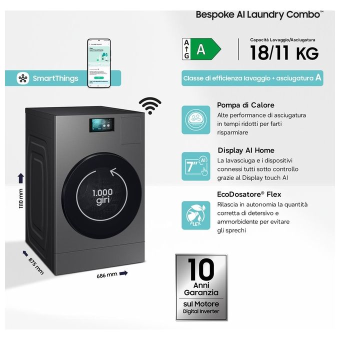 Samsung WD18DB8995BZT2 Bespoke AI Lavasciuga Frontale 18-11 Kg 1000 rpm Classe A Pompa di Calore WiFi (111x68.6x87.5 cm) colore Nero