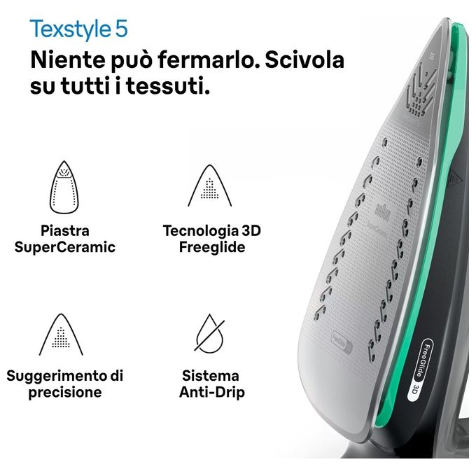 Braun SI5277GR TexStyle 5 Ferro da stiro a vapore e a secco 2700 W Piastra SuperCeramic FreeGlide 3D colore Verde