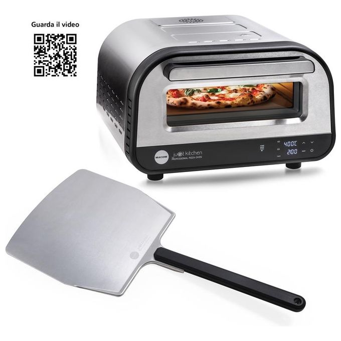 Macom 884 Just Kitchen Forno per Pizza Elettrico Pietra Refrattaria 32 cm 1700W 400°C Timer Digitale colore Nero Inox