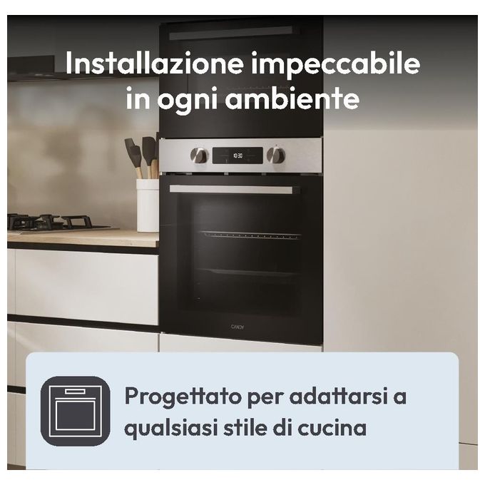 Candy CA6 N3B1HTX Bake 800 Forno da incasso Elettrico Ventilato 78 L Classe A++ 12 Funzioni AirFry Wi-Fi (59,5x59,5x56,8 cm) colore Inox