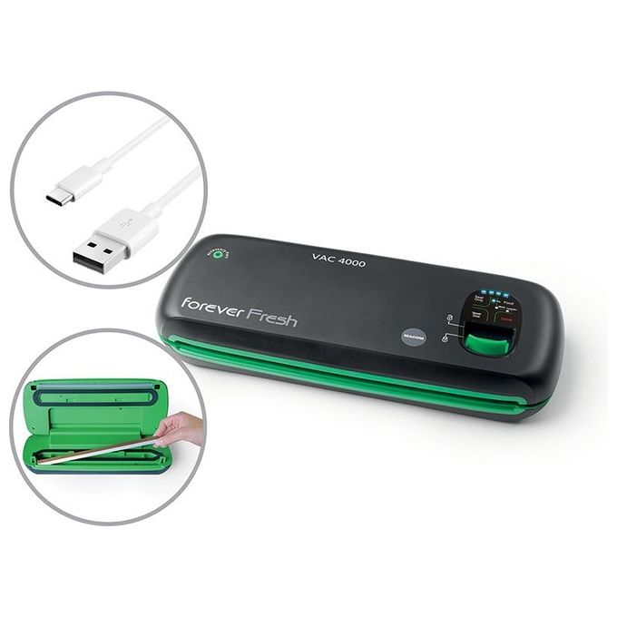 Macom VAC4000 Forever Fresh Macchina Sottovuoto Cordless Barra Sigillante 28 cm Autonomia 50 cicli USB colore Nero Verde