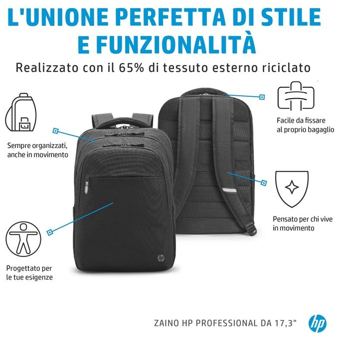 HP 500S6AA Professional Zaino per Notebook 17,3'' Poliestere Resistente all'Acqua 6 Scomparti Porta Bottiglia colore Nero
