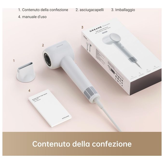 Dreame GLEAMGREY Hair Gleam Asciugacapelli 1600 W Motore Brushless 110000 rpm Ioni Negativi 4 Livelli Temperatura colore Grigio