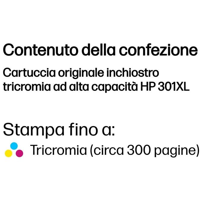 HP 301XL CH564EE Cartuccia Originale per Stampanti a Getto di Inchiostro, Compatibile con Stampanti DeskJet 1050, 2540 e 3050, HP OfficeJet 2620 e 4630, HP ENVY 4500 e 5530, Tricromia