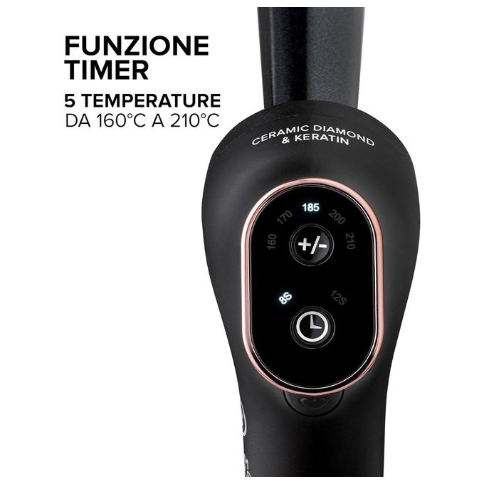 BELLISSIMA 11856 Glam Waves Ferro Arricciacapelli 5 Temperature Regolabili Display Ceramica Diamond and Cheratina Riscaldamento Rapido Puntale Antiscottatura colore Nero e Rose Gold