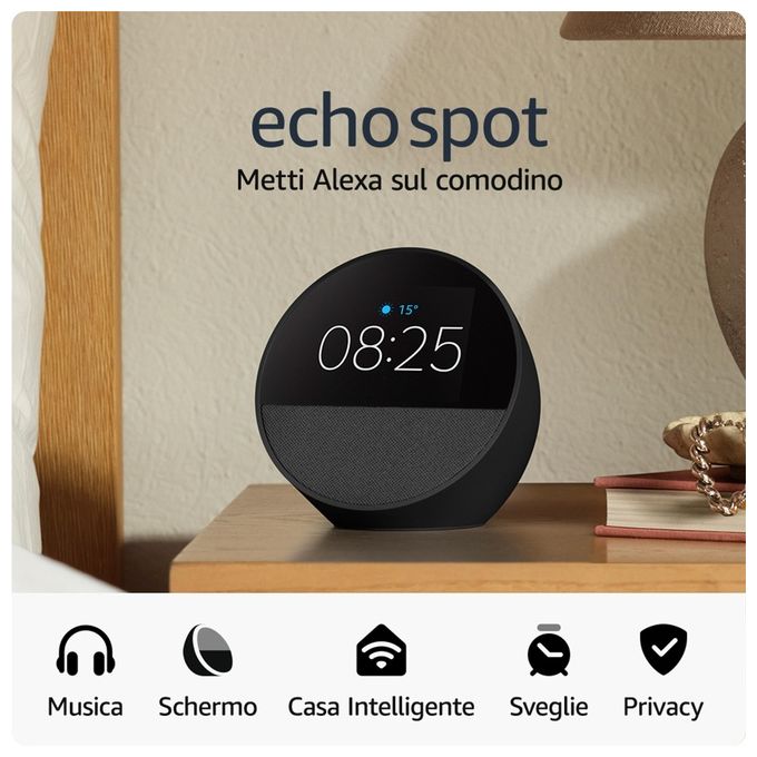 Amazon B0C2S2J7JP Echo Spot 2024 Sveglia Intelligente Alexa Display 2.83'' Touch Wi-Fi Bluetooth 5.0 2,1 W colore Nero