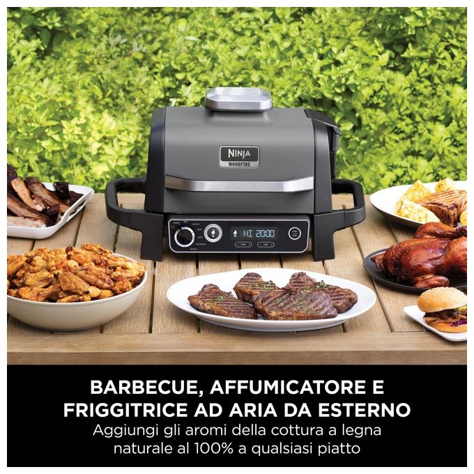 Ninja OG701EU Woodfire Barbecue Elettrico Affumicatore e Friggitrice ad Aria 7 in 1 2400 W colore Grigio Nero