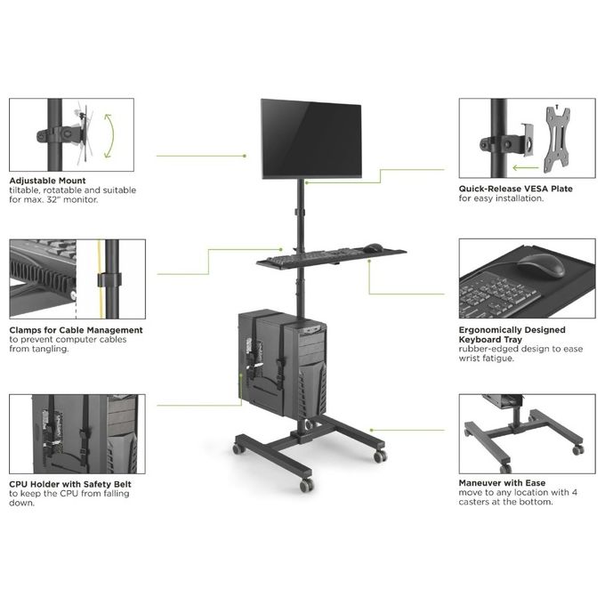 Equip 650171 Workstation Mobile per Monitor 17''-32'' con Vassoio Tastiera e Ruote Bloccabili colore Nero