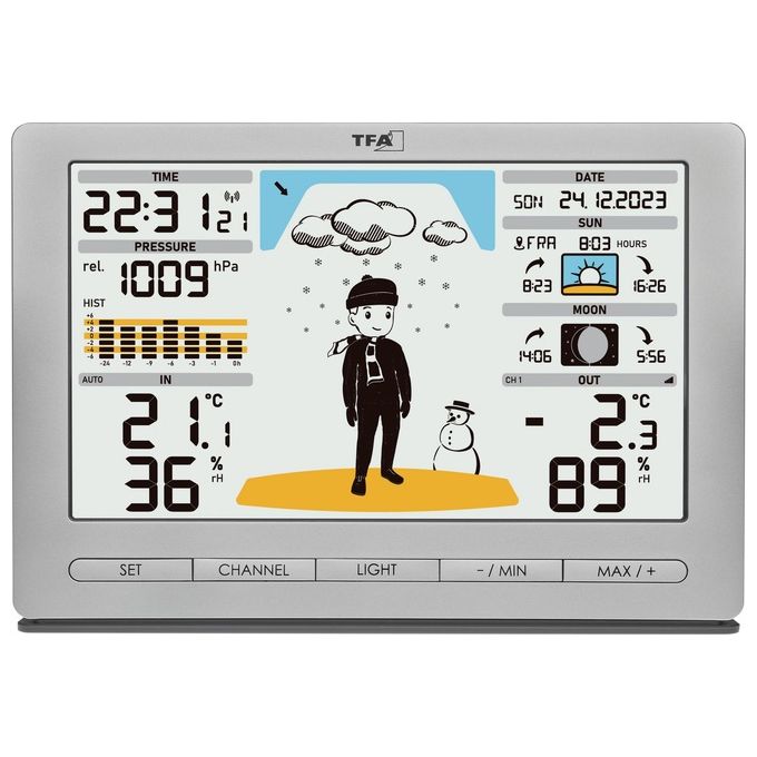 TFA-Dostmann 35.1097.54 Meteo Jack Stazione Meteo Wireless Display Colori Previsioni 12-24h Temperatura Umidita' Pressione Fasi Lunari colore Argento