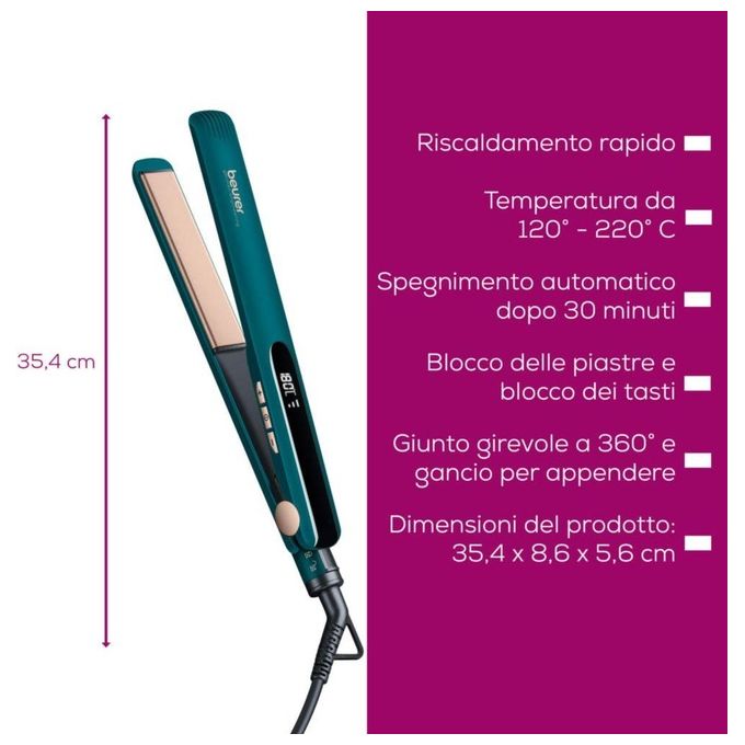 Beurer 59400 HS50 Ocean Piastra per capelli ceramica cheratina 11 livelli 120-220°C display LED spegnimento automatico colore Blu Petrolio