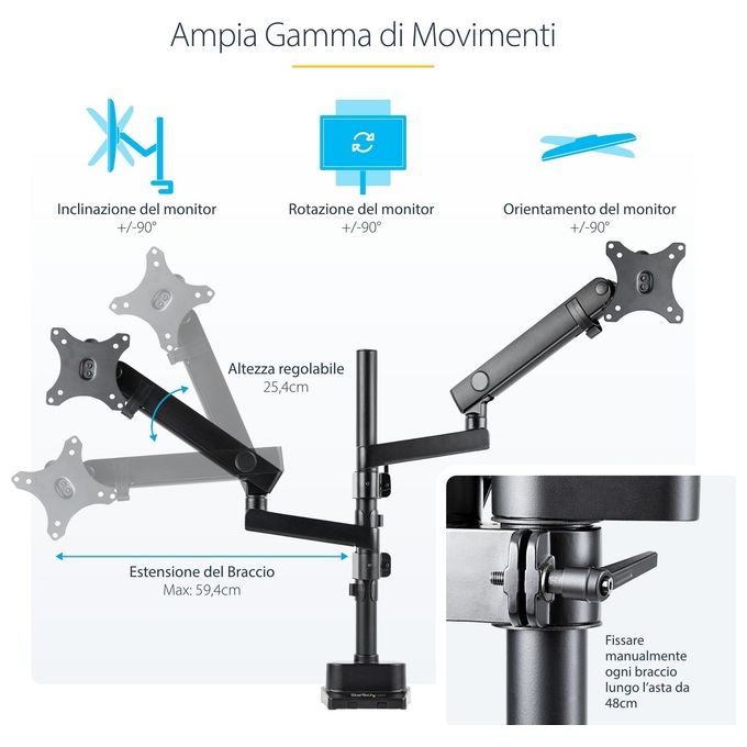 StarTech ARMDUALPIVOT Supporto Doppio Monitor da Scrivania per 2 Schermi VESA fino a 32'' 8Kg Regolabile Altezza e Orientamento colore Nero