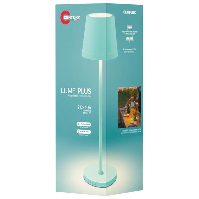 CENTURY LMPT-023827 LUME PLUS Lampada da Tavolo LED 2,2 W Dimmerabile Touch IP54 Batteria Ricaricabile 5000 mAh colore Marine Turquoise