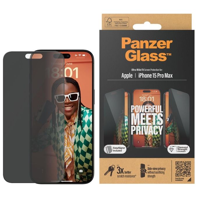 PanzerGlass P2812 Pellicola Privacy in Vetro Temperato iPhone 15 Pro Max Ultra-Wide Fit con Applicatore colore Trasparente