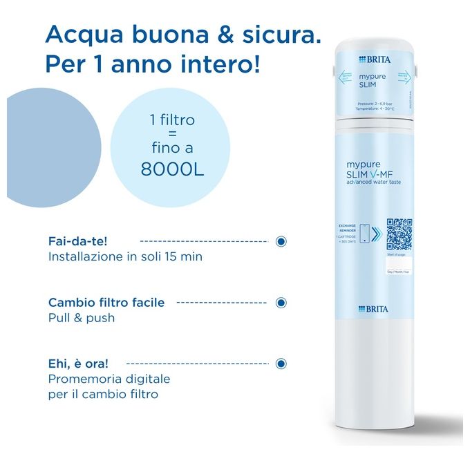 Brita 1053536 Filtro di ricambio per sistema filtrante mypure SLIM V-MF Capacita' 8000L Durata 12 mesi colore Bianco
