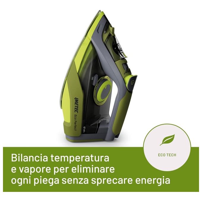 Imetec 9017 Eco Perfect Ferro da Stiro a Vapore 2400W Piastra Pro Ceramic Colpo Vapore 160g Serbatoio 300ml Tripla Protezione Anticalcare colore Verde Grigio