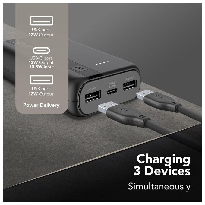 Cellular Line Power Bank 10000 mAh Input USB-C 10.5W Output 2xUSB 12W Li-ion LED luminosi indicano carica residua Nero