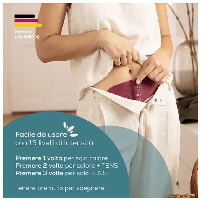 Beurer EM50 Menstrual Relax Dispositivo TENS con Funzione Riscaldante 15 Livelli di Intensita' Batteria Ricaricabile colore Rosa