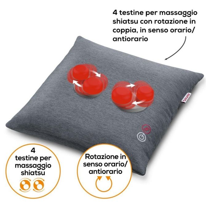 Beurer 64413 Cuscino massaggiante shiatsu con 4 testine rotanti funzione calore spegnimento automatico dopo 15 min colore Grigio