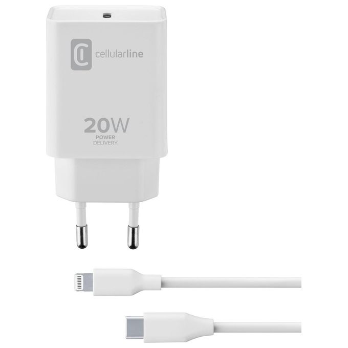 Cellularline ACHIPHKITC2LMFI20W Caricabatterie da Rete USB-C 20W con Cavo USB-C Lightning MFI per iPhone 8 e successivi colore Bianco