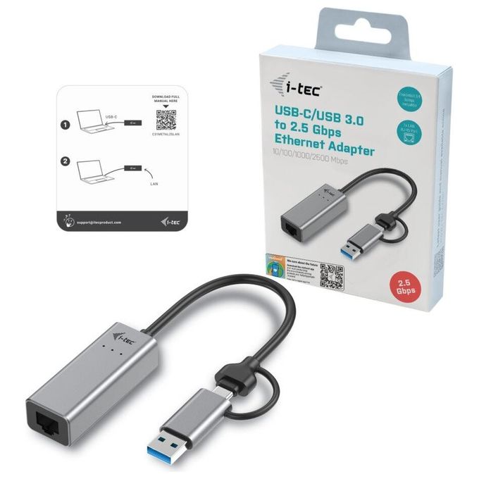 I-tec C31METAL25LAN Metal USB-C-USB-A 2.5Gbps Ethernet Adapter Velocita' fino a 2500 Mbit-s Compatibile con Thunderbolt 3-4 colore Grigio