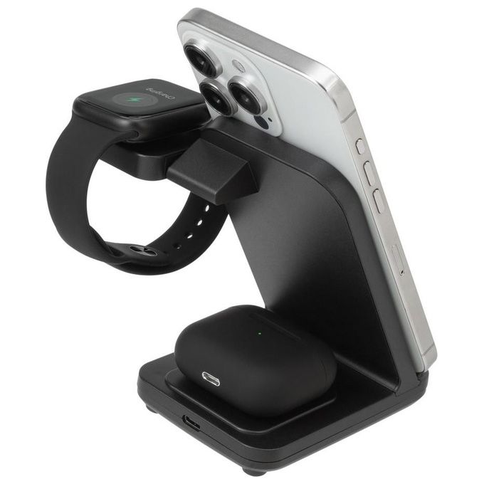 RivaCase VA4916 Caricatore Stand Wireless 3 in 1 Compatibile con iPhone Samsung e Apple Watch 15 W colore Nero