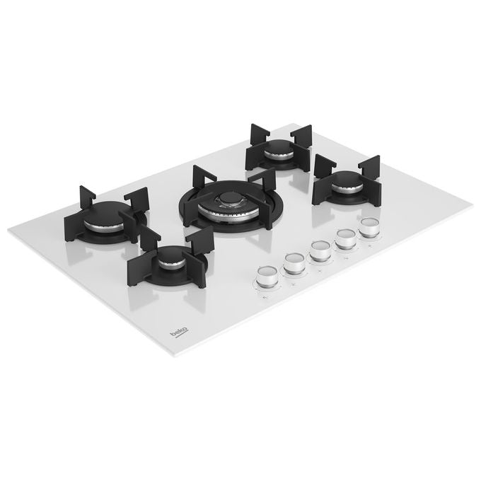 BEKO HILW75222SW Piano Cottura a Gas in Vetroceramica 5 Fuochi 1 Bruciatore Wok Griglia in Ghisa 75 cm Bianco