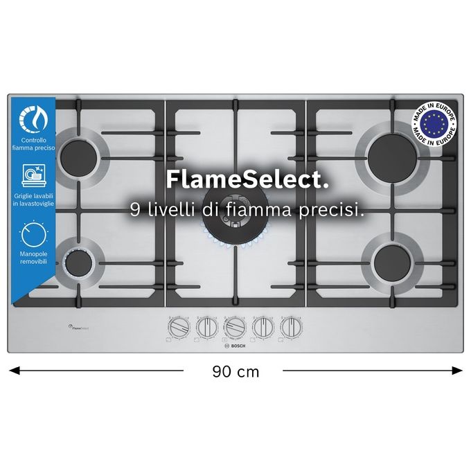 Bosch PCR9A5I90 Serie 6 Piano cottura a gas 90 cm 5 fuochi Wok centrale FlameSelect griglie in ghisa colore Acciaio Inox