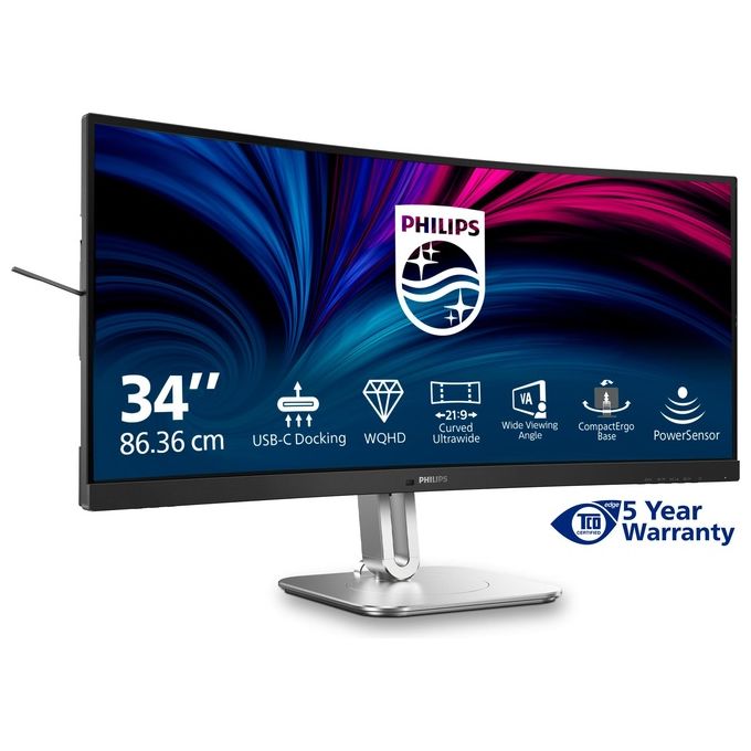 Philips 34B2U5600C 5000 Series Monitor PC Curvo 34'' UWQHD 3440x1440 120Hz VA USB-C 100W RJ45 Hub USB KVM colore Grigio