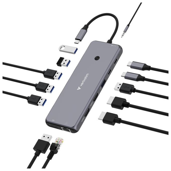 Verbatim CMH-13 Hub USB-C Pro Multiporta 13 Porte 2x HDMI 8K DisplayPort RJ45 PD 85W 10 Gbps colore Argento