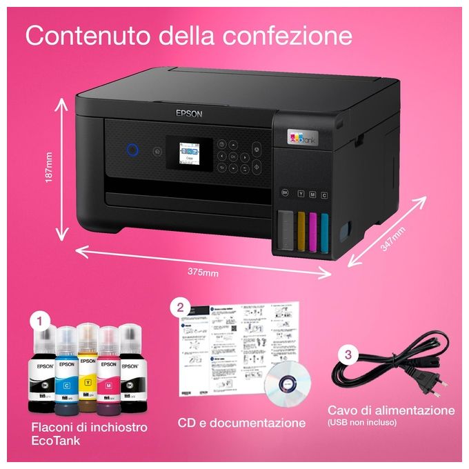 Epson C11CJ63405 EcoTank ET-2850 Stampante Multifunzione Inkjet A4 3 in 1 Serbatoi Ricaricabili Wi-Fi USB 5760x1440 DPI colore Nero
