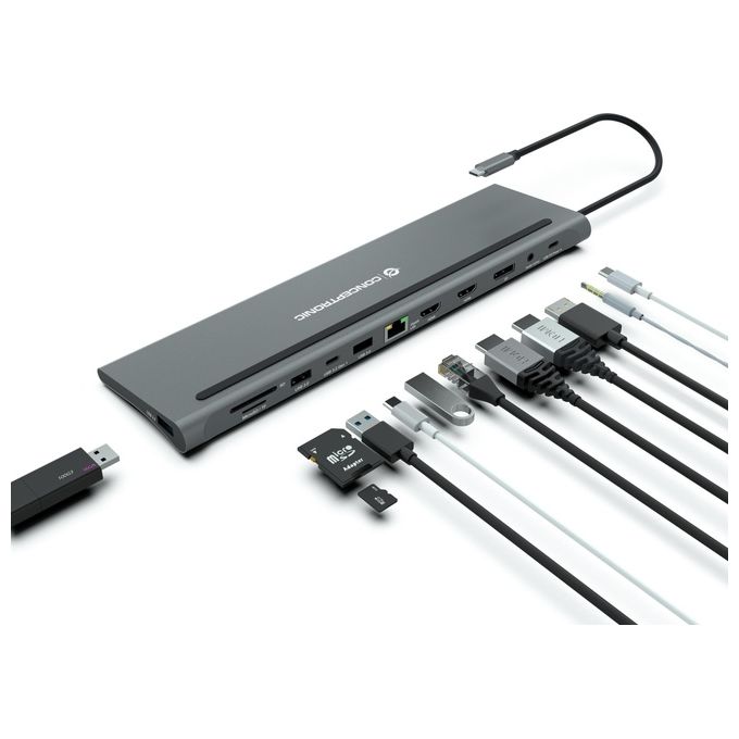 Conceptronic DONN17G Docking Station 12 in 1 USB 3.2 Gen 1 Type-C Triplo Display 4K HDMI DisplayPort USB PD 100W GbE SD colore Grigio