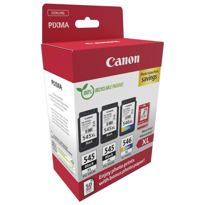 Canon 8286B015 Cartuccia d'Inchiostro Originale XL Set 3 Pezzi PG-545XL x2 CL-546XL con Fogli Fotografici colore Nero Ciano Magenta Giallo