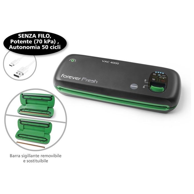 Macom VAC4000 Forever Fresh Macchina Sottovuoto Cordless Barra Sigillante 28 cm Autonomia 50 cicli USB colore Nero Verde