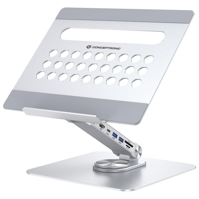 Conceptronic DONN27G Supporto per Laptop con Docking Station 7in1 Hub USB 3.2 HDMI Lettore Schede 100W colore Argento