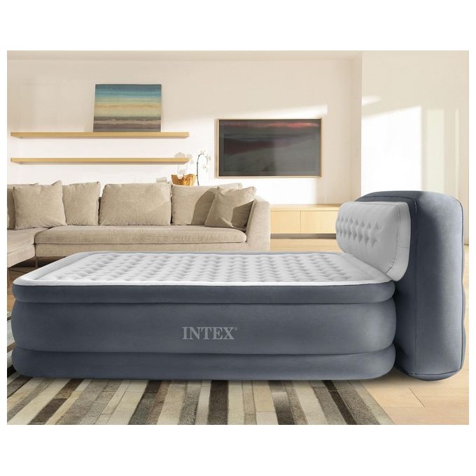 Intex Materasso Gonfiabile Matrimoniale con Testiera, Grigio, Pompa Integrata