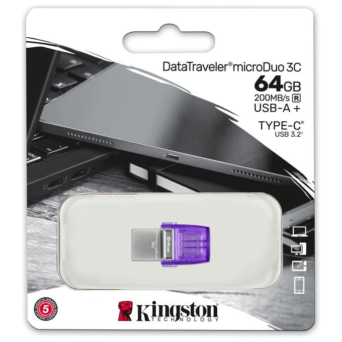 Kingston Technology DataTraveler microDuo 3C Chiavetta USB 64Gb Acciaio Inossidabile-Porpora