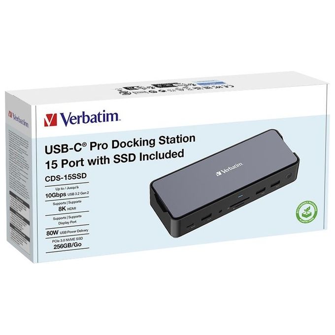 Verbatim CDS-15SSD USB-C Pro Docking Station 15 Porte SSD 256 GB 8K Ultra HD Power Delivery 100W colore Nero Grigio