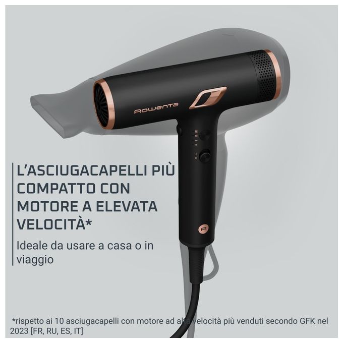 Rowenta HY8310 Nano Asciugacapelli 1700W Brushless Motore ad Alta Velocita' Ionico 3 Velocita' 3 Temperature Concentratore Diffusore colore Nero
