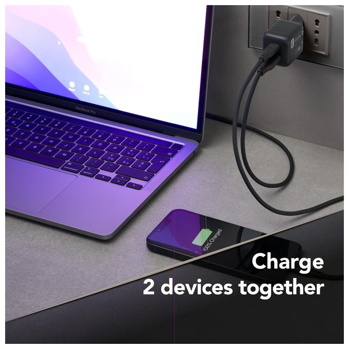 Cellularline ACHUSBGAN2PD30WK Multipower Micro Caricabatterie da Rete 2 Porte USB-C GaN 30W Super Fast Charging colore Nero