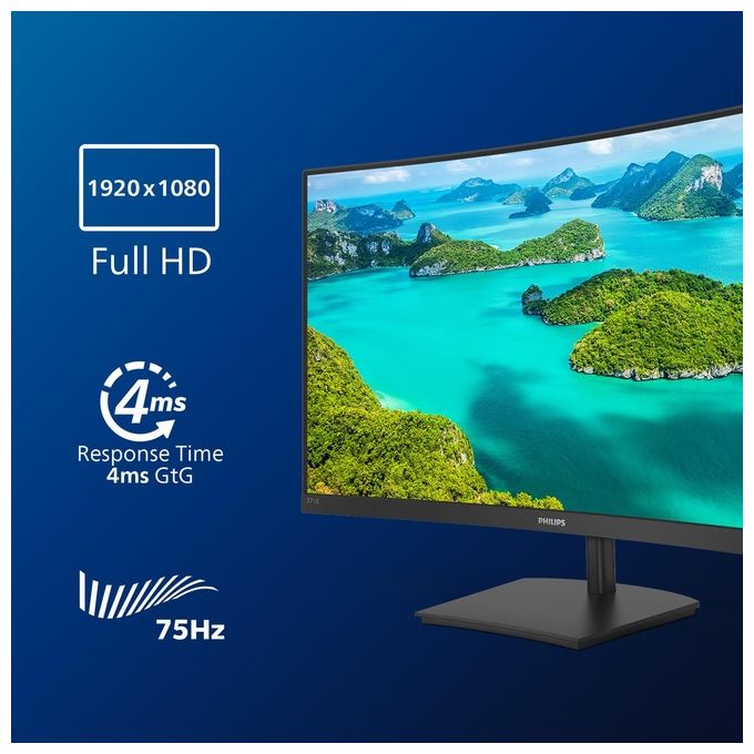 Philips Monitor Curvo Gaming 271E1SCA , Adaptive Sync 75 Hz, VA LED 27'', 1920 x 1080 FHD, 4 ms, HDMI, VGA, Casse Integrate, Flicker Free, Low Blue Light, VESA, Nero