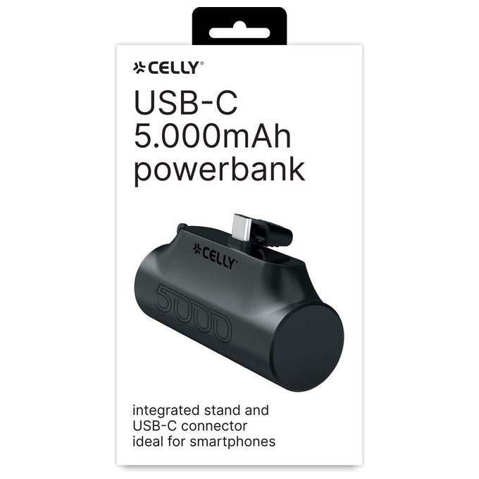 Celly PBC5000BK PowerBank Compact USB-C 5000 mAh con Supporto Integrato e LED Indicatore colore Nero