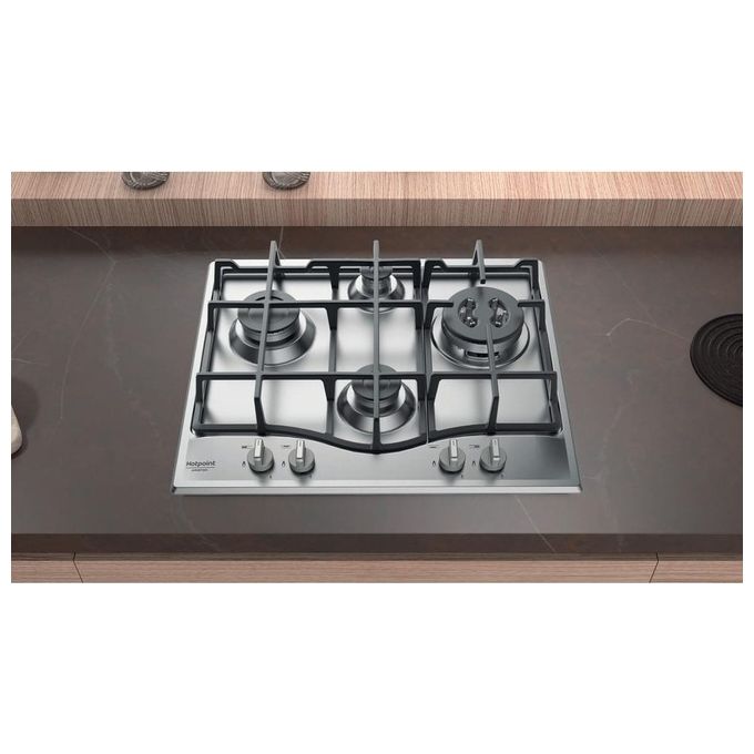 Hotpoint Ariston PCN 641 TIX Piano Cottura a Gas 4 Fuochi Griglie in Ghisa Bruciatore Tripla Corona 60 cm Acciaio Inox