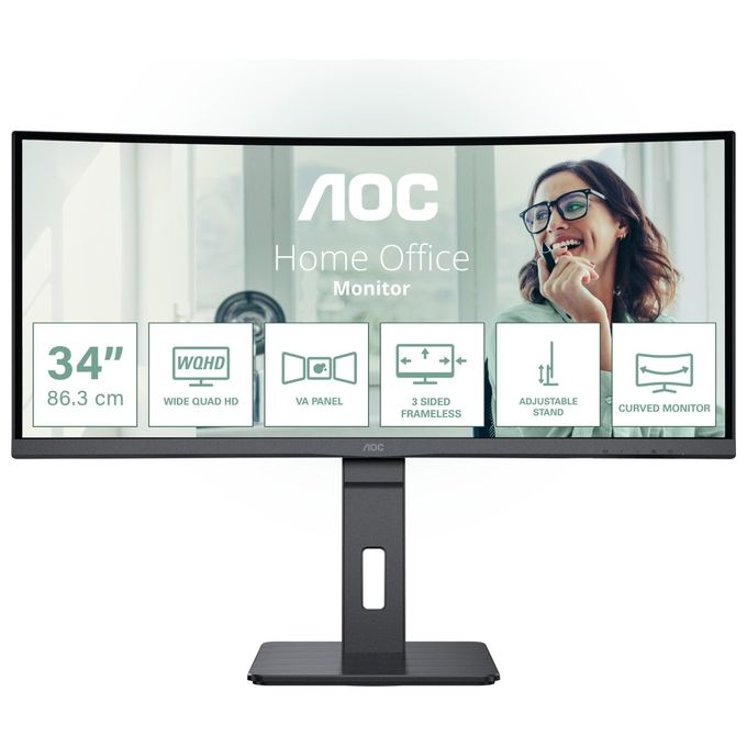 AOC CU34P3CV Monitor Curvo 34'' VA WQHD 100 Hz 4ms USB-C 65W Hub USB RJ45 colore Nero