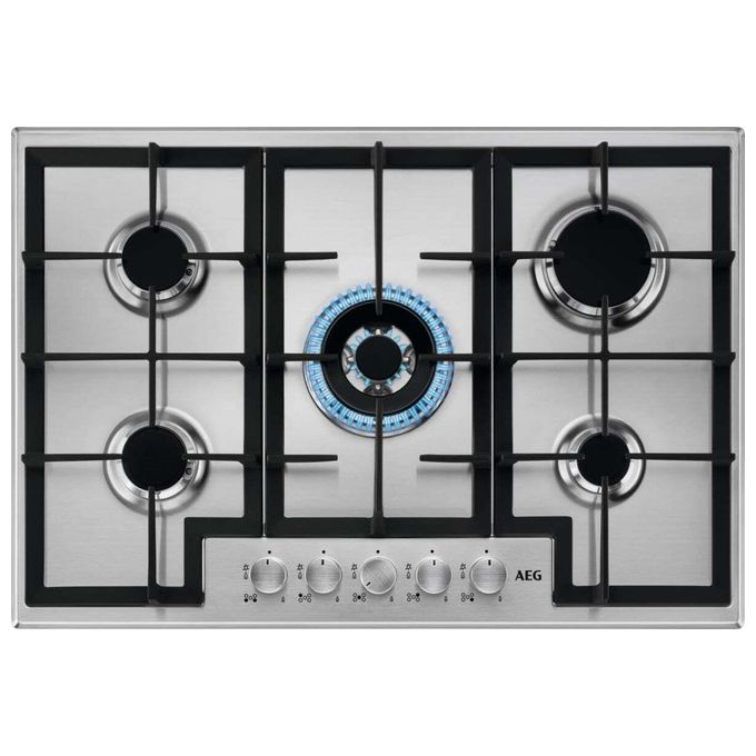 Aeg HGB75400SM Piano Cottura a Gas 75cm 5 Bruciatori 1 Bruciatore Wok Tripla Corona Inox con Cruscotto Comandi in Cristallo
