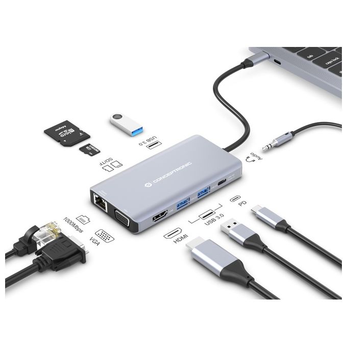 Conceptronic DONN20G Docking Station 10-IN-1 USB 3.2 Gen 1 Type-C HDMI VGA USB-C PD 3x USB 3.0 Gigabit Ethernet SD TF AUX 100 W colore Grigio