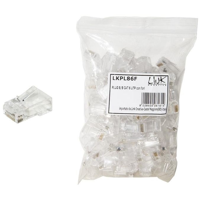 Link confezione 100 connettori 8 poli cat 6 utp non schermato rj45 con fori per agevolare inserimento cavi