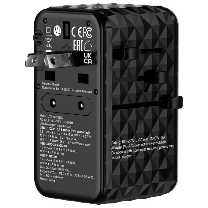 Verbatim 32125 GaN III Caricabatterie Universale da Viaggio 140W 4 Porte USB-C USB-A Power Delivery 3.1 Quick Charge 4+ colore Nero