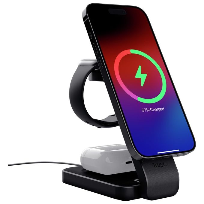 Trust Viro Supporto di Ricarica Wireless 3-in-1 Magnetico per iPhone Apple Watch AirPods 20W USB-C Design Pieghevole Luce Notturna LED Dimmerabile colore Nero